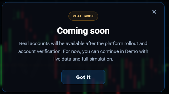 Real mode is shown as coming soon.
