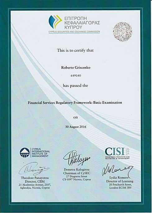 Roberto Griscenko CySEC certificate